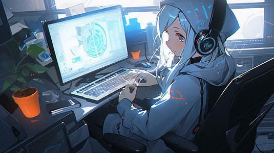 坐在工位上看着电脑屏幕戴着耳麦的卡通女孩图片