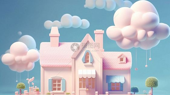 粉色立体可爱的卡通小房子天空上飘着云朵图片