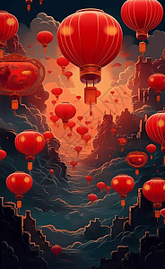 喜庆唯美的红灯笼与山河卡通风景场景插画图片
