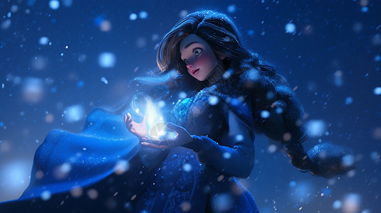 夜晚大雪手中有发光的魔法的长发卡通女孩图片