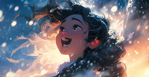 看着大雪开心大笑的卡通女孩图片