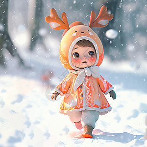 穿着厚厚橙色外套走在大雪中的卡通小女孩图片