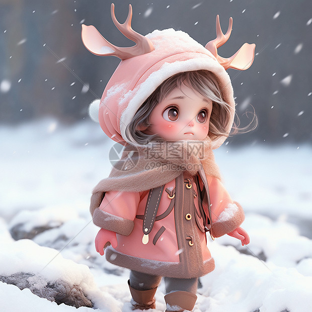 穿粉色厚外套走在大雪中的卡通小女孩图片