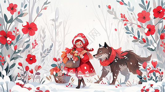 冬天大雪与小红帽一起走在森林中的大灰狼与小女孩儿童插画图片