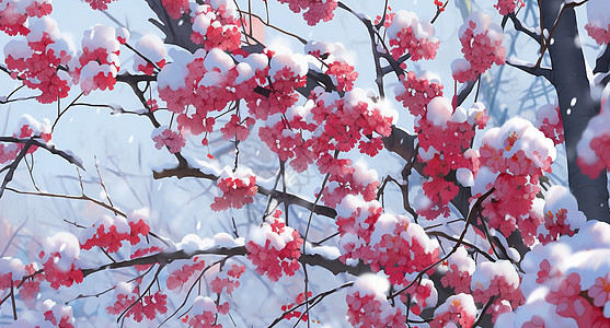 雪中盛开的红色卡通梅花图片
