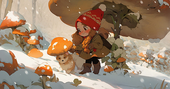 大雪中在蘑菇伞下与宠物狗一起玩耍的可爱卡通小女孩图片