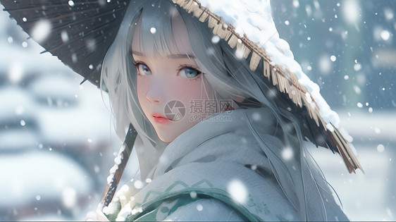 小清新漂亮的卡通女孩在大雪中图片