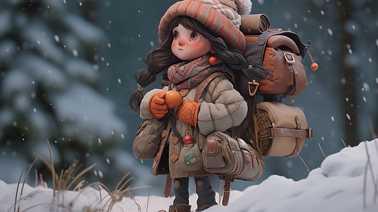 背着很大的包裹走在雪地中的立体卡通小女孩图片
