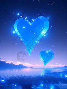 夜晚湖面上两颗的发光爱心形状背景图片