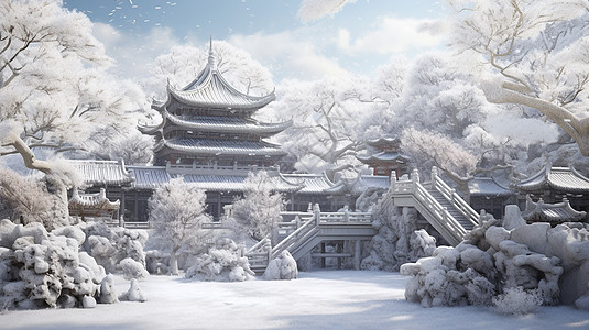 冬天唯美落满雪花的古风卡通建筑物图片