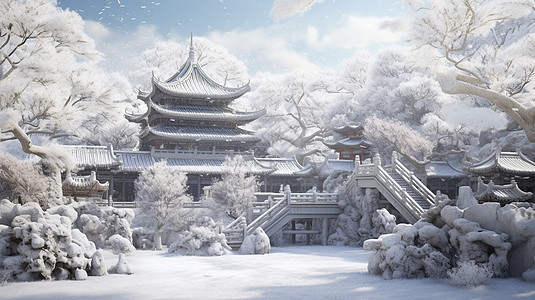 冬天唯美落满雪花的古风卡通建筑物背景图片