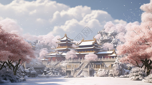 冬天大雪中漂亮的唯美的卡通古风建筑景色图片