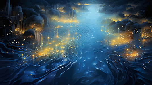 夜晚梦幻流动的卡通河流上很多发光的黄色点点图片