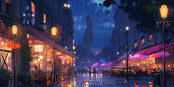 夜晚雨中繁华的卡通商业街图片