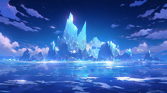 夜晚湖中心一座卡通冰山唯美卡通景色背景图片