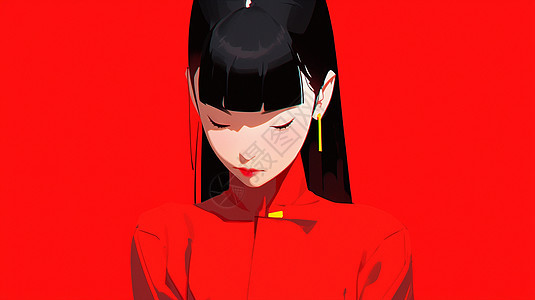 红色背景上穿着红色的黑色长发卡通女人图片