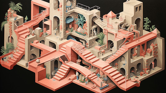 粉色长楼梯多层科幻卡通建筑物高清图片