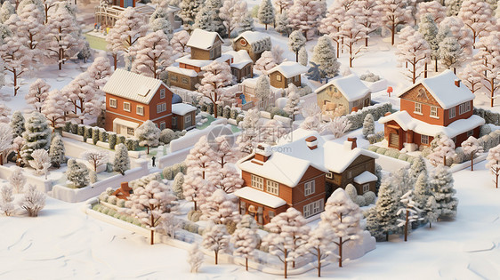 被雪覆盖的精致卡通小村庄图片