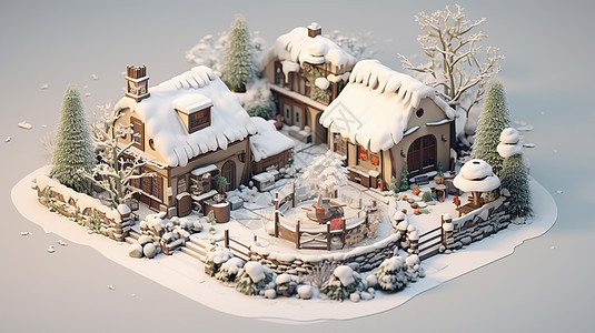 有树的立体卡通小房子们被雪覆盖图片