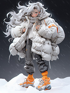 穿着时尚白色厚羽绒服走在雪中的时尚卡通女孩图片