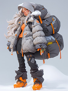 白色长发时尚卡通女孩背着大包站在雪地中图片