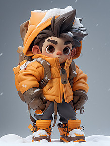 站在雪地中穿着厚厚的橙色服装的卡通小男孩图片