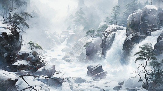 冬天山中汹涌澎湃的卡通小河背景图片