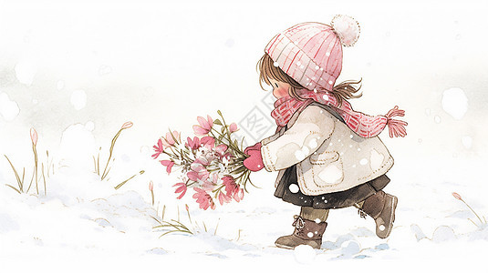 冬天戴着粉色毛线帽可爱的卡通小女孩拿着花朵奔跑图片