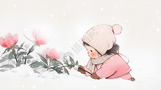 冬天在雪地中欣赏花朵的可爱卡通小女孩图片
