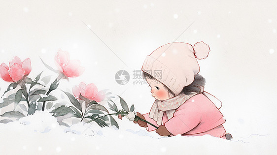 冬天在雪地中欣赏花朵的可爱卡通小女孩图片
