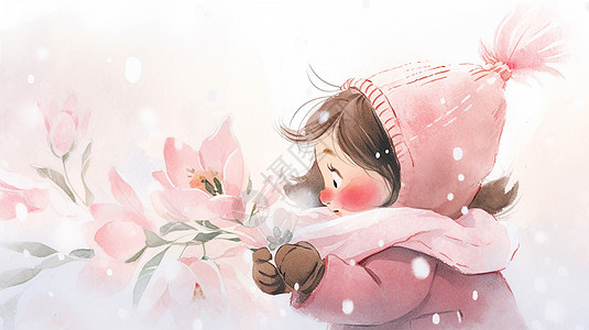 冬天在风雪中戴着粉色帽子和围巾的卡通小女孩图片