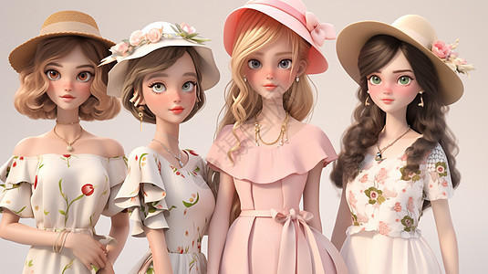四个戴着帽子的时尚卡通小公主图片