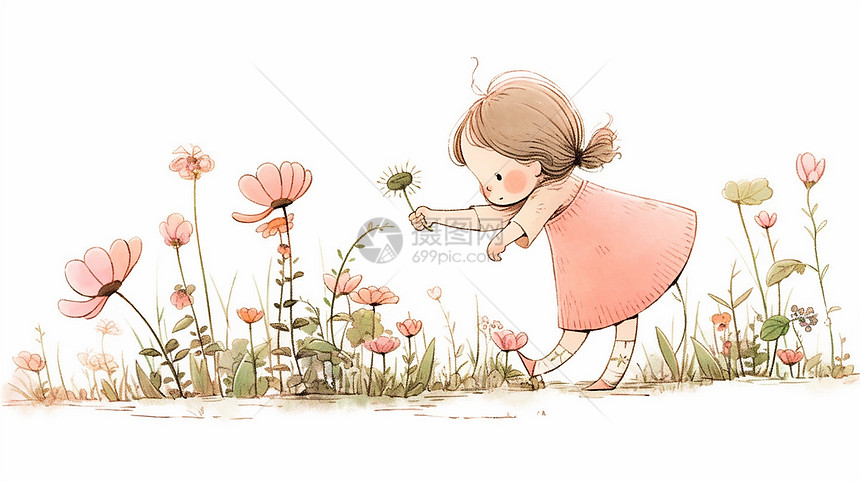 在花丛中开心玩耍的卡通小女孩图片