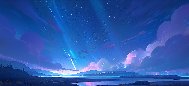 北極村極光夜晚星空唯美梦幻的卡通极光风景插画