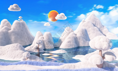3d立体冬季毛绒质感雪山风景模型场景图片