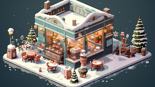 冬天雪后美丽的卡通餐厅有圣诞树装饰图片