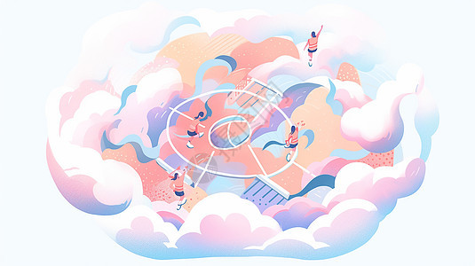 被云朵包围的卡通篮球场上几个小小运动人物卡通剪影背景图片