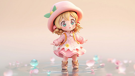 穿粉色裙子戴粉色帽子背着书包的可爱卡通小女孩背景图片