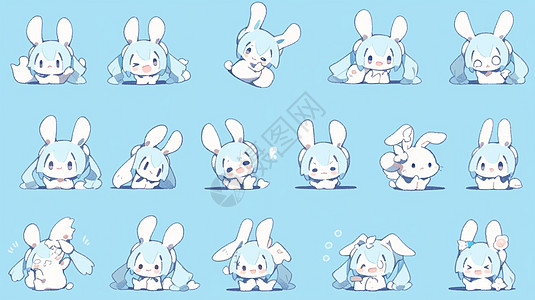 蓝色背景上可爱的卡通兔子表情包图片