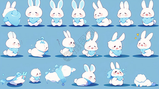 围着蓝色围巾各种动作可爱的卡通小白兔图片