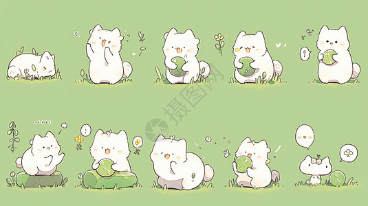 可爱的卡通小白猫在草丛中各种动作与表情图片