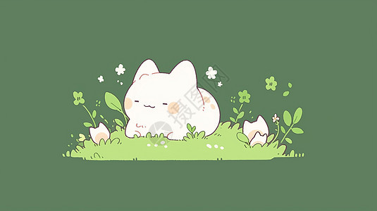 趴在草丛中肥胖可爱的卡通小白猫图片