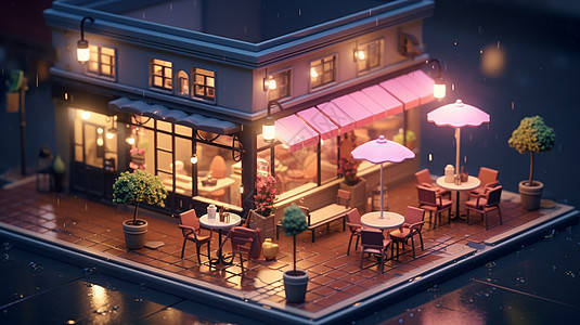 等距风雨中温馨的立体卡通小快餐店背景图片