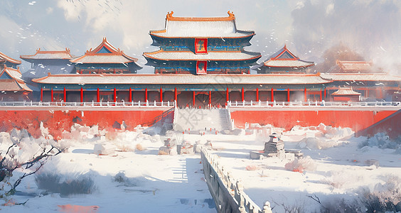 雪中漫步冬天暴风雪中唯美的古风卡通建筑插画