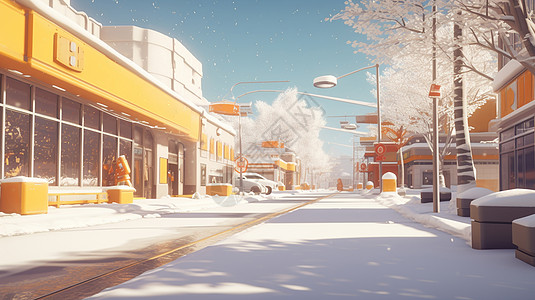 冬天雪后唯美的卡通城市街道背景图片