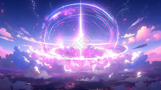 天空中巨大的紫色光圈的科幻卡通场景背景图片