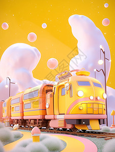 在轨道上行驶的立体黄色卡通火车图片