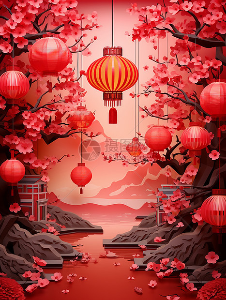 红色梅花与喜庆的卡通灯笼图片