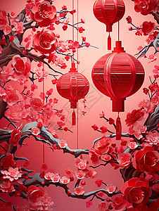 盛开的梅花枝头挂着红色灯笼剪纸风卡通插画图片