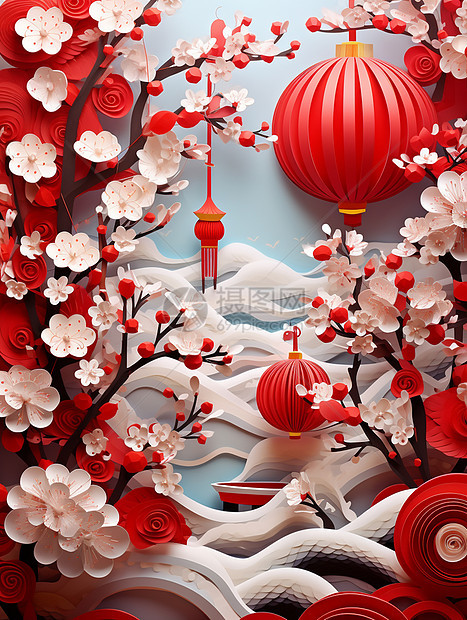 剪纸风唯美的卡通插画红色灯笼与盛开的梅花图片